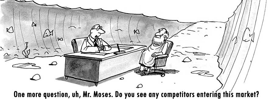 A cartoon of Moses applying for a loan as he sits in the divided sea.