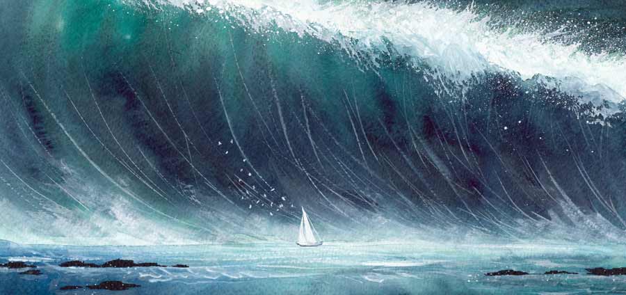 A sailboat sails into the wind, and a giant wave.