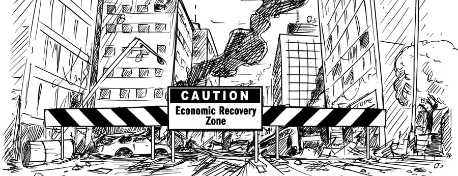 A Caution - Economic Recovery Zone sign blocks the way to a downtown under construction.